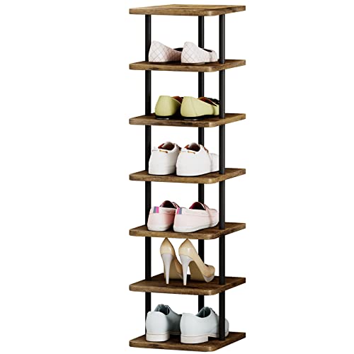Shoe Rack Storage Vertical Narrow Shoe Organizer Shelf 7 Tier | Metal Slim Shelf,Modern Minimalist Free Standing Shoe Tower, Saving Space for Closet,Entryway,Bedroom,Black+Rustic Brown