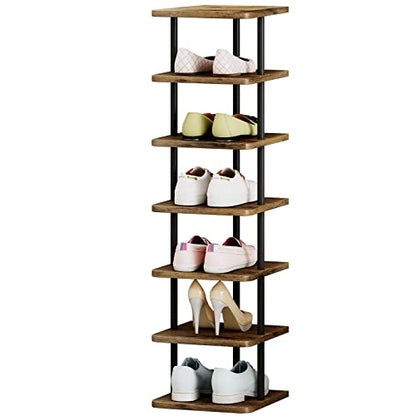 Shoe Rack Storage Vertical Narrow Shoe Organizer Shelf 7 Tier | Metal Slim Shelf,Modern Minimalist Free Standing Shoe Tower, Saving Space for Closet,Entryway,Bedroom,Black+Rustic Brown