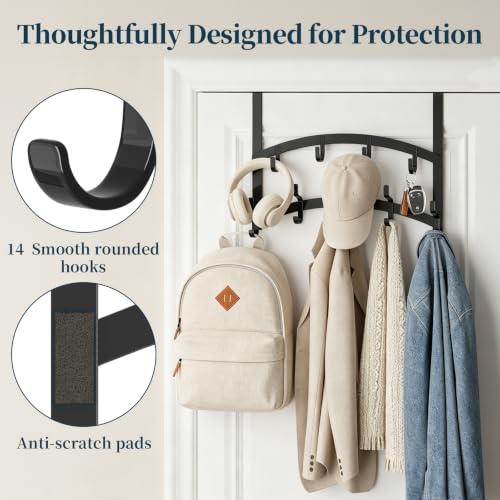 Over the Door Hooks Organizer - 2 Tier Door Hanger with 14 Hook Heavy Duty Stainless Steel for Towels, Coats, Jackets & Bags, Towel Rack for Bathroom Bedroom, Fits Up to 1.77" Doors, Black