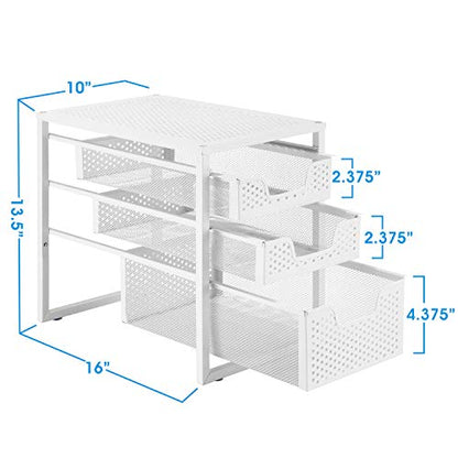 Simple Trending Under Sink Organizer 3-Tier with Sliding Storage Drawer | Multi-Purpose Desktop Organizer, Metal Cabinet Organizer for Kitchen Bathroom Office, Stackbale, Space Saving, White