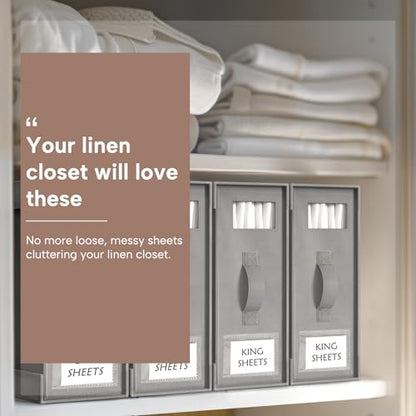 Bed Sheet Organizers and Storage, 6 Pack Foldable Linen Closet Organizer Box – Bedding Holder for Sheet Set (King/Queen Sizes), Duvet Covers, Blankets (Grey)