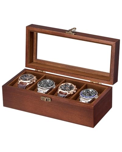 ProCase 4 Slot Wooden Watch Display Case With Glass Lid, Organizer | Elegant Wooden Watch Box With Glass Lid And Soft Lining For Men And Women, Ideal For Home Display And Birthday Gifts - Brown
