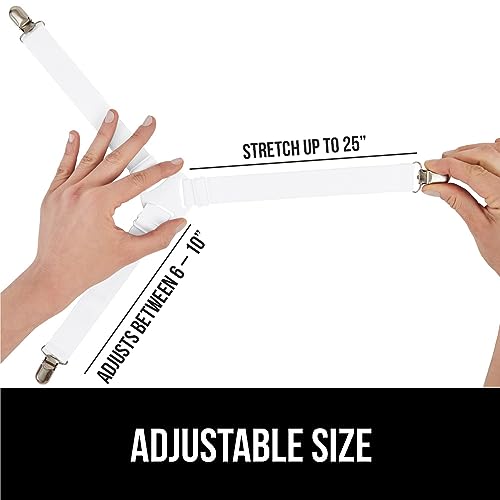 GORILLA GRIP Patented Bed Sheet Holders, Adjustable Elastic Fasteners with Metal Clips, Keep in Place Fitted Bedding Straps, Firm Tight Suspenders for Mattress, US Designed, 4 Pack White
