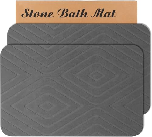 2 Pack Stone Bath Mat, Diatomaceous Earth Shower Mat, Non-Slip Super Absorbent Quick Drying Bathroom Kitchen Floor Mat, 24x15, Grey