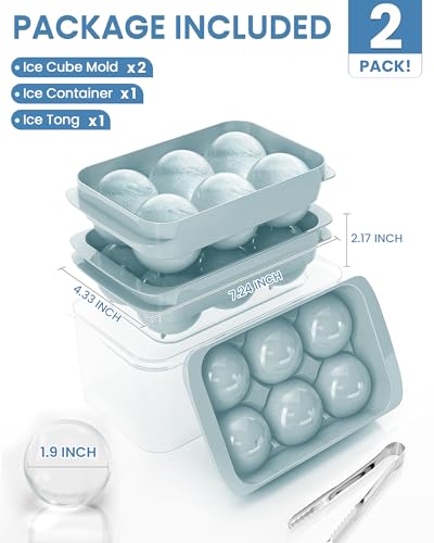Large Ice Cube Tray for Freezer - 2 Pack Stackable Round Ice Cube Molds Set, Easy to Fill & Release with Storage Bin and Tongs for Kitchen, Party, Cocktail & Coffee, Gifts for Whiskey Lover (1.93In)