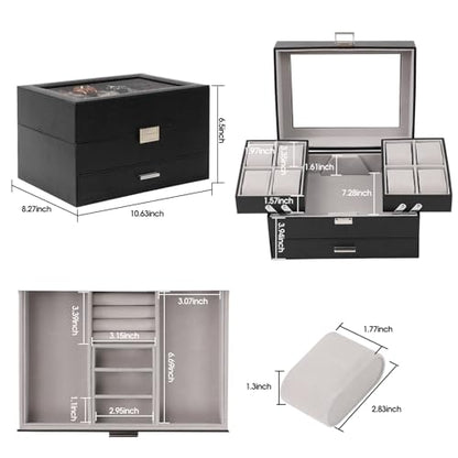 Watch Box, Watch Case for Men, 8 Slot Watch Display Case, 3 Layers Large Sunglass Storage Organizer for Watch, Ring, Jewelry, Gift Idea, PU Leather (Black)