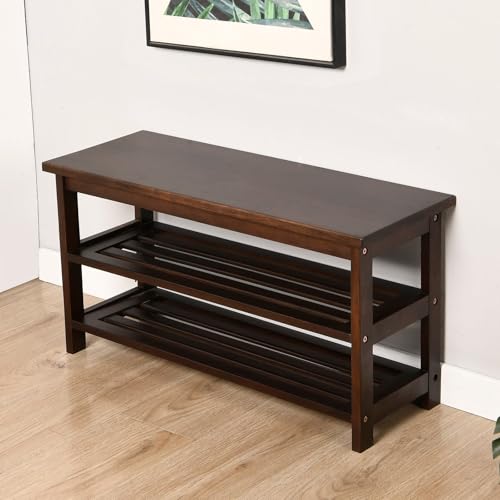 Wood Shoe Bench Rack, USA Grown Hickory, Entryway Bench with Shoe Storage, Mud Room Bathroom, Front Door, Outdoor/Indoor, Dark Walnut(Black)