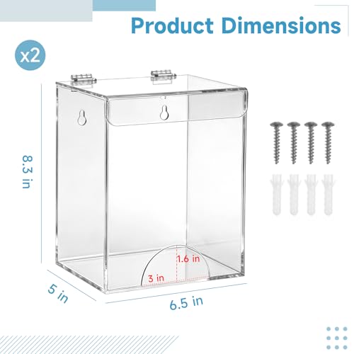 2 PCS Acrylic Hairnet Wall Dispenser, Clear Acrylic Wall Holder with Clamshell Lid and Bottom Access for Gloves Masks Shoe Covers, Desktop or Wall Mounted Disposable Supply Organizer