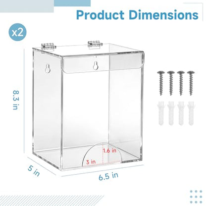2 PCS Acrylic Hairnet Wall Dispenser, Clear Acrylic Wall Holder with Clamshell Lid and Bottom Access for Gloves Masks Shoe Covers, Desktop or Wall Mounted Disposable Supply Organizer