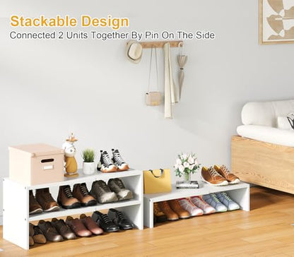 Cidaziya Expandable 1 Tier Shoe Rack for Shoe Cabinet, 1 Tier Stackable White Shoe Shelf Organizer for Closet, Sturdy Metal and Wood Structure, Hold 4-6 Pairs of Shoes