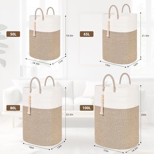 65L Woven Laundry Basket for Clothes, Large Rectangle Laundry Hampers with Beads Tassel, Nursery Storage Basket for Toys, Tall Dirty Clothes Hamper for Bedroom Aesthetic, Laundry Room Organization