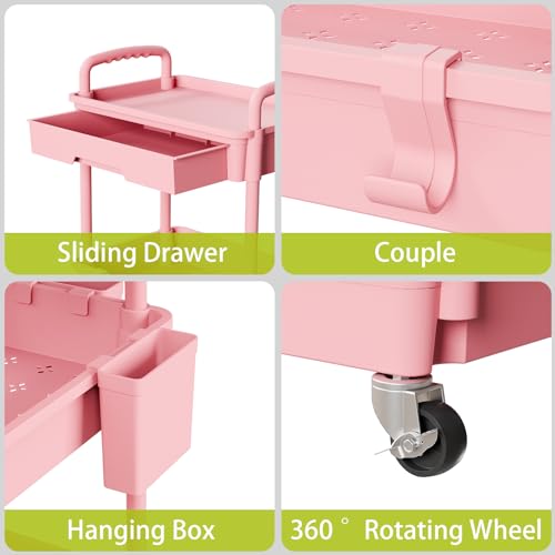 Sorgion 3 Tier Rolling Cart Organizer,Laundry Room Bathroom Organizers and Storage Office Shelves Mobile Shelving Unit Kitchen Trolley Cart with Wheels for Art,Craft,Diaper,Bedside,Snack(Pink)