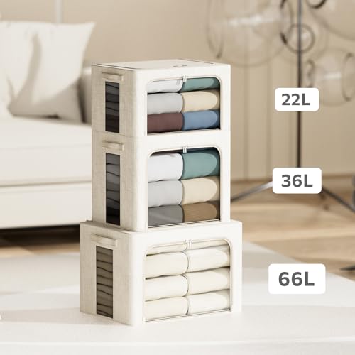 4 Pack Clothes Storage Bins with Metal Frame - 22L Stackable Storage Box with Lid，Foldable Storage Container Organizer for Clothes，Linen Fabric Storage Box with Clear Window＆Zippers＆Handles