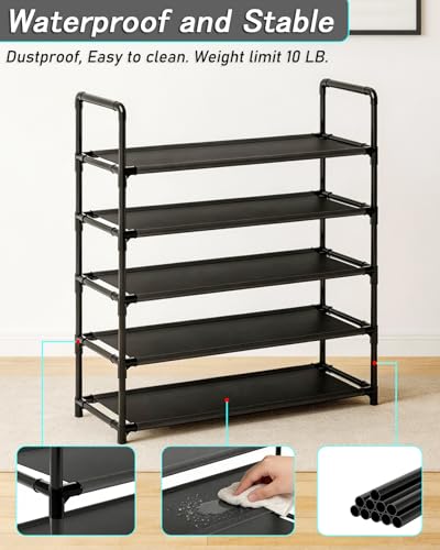 5 Tier Tall Shoe Rack Large Capacity, 34.5" Wide Entryway Shoe Organizer, Stackable Metal Frame Waterproof Nonwoven Shelves, Holds 20-25 Pairs, Space Saving Storage for Closet Hallway Garage, Black