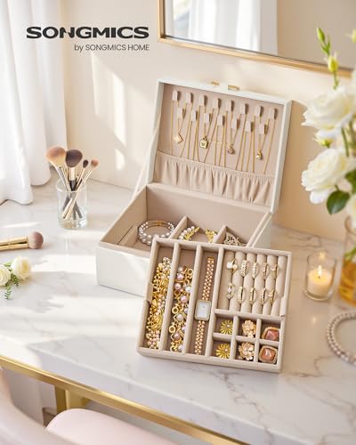 SONGMICS 2-Layer Jewelry Box Organizer, Jewelry Storage Case with Removable Tray and Handle, for Necklaces, Earrings, Rings, Bracelets, 6.7 x 8.1 x 3.7 Inches, Gift Idea, Cream White UJBC208WD01