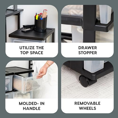 IRIS USA 3-Drawer Slim Narrow Storage Organizer Rolling Cart, Black/Clear | Organize crafts, school supplies, accessories, and household items with slim storage and easy-access drawers
