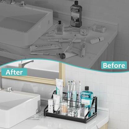 Toothbrush Holder for Bathroom Countertop - 7 Slots 1 Min Drying Organizer | Fit Electric & Manual Toothbrushes Large Capacity Rustproof Toothpaste Storage Non-Slip Bathroom Counter Accessories Black