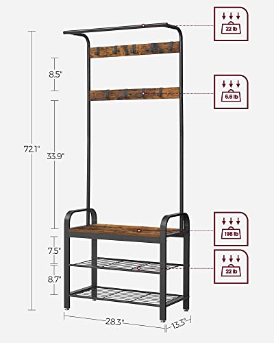 VASAGLE Coat Rack, Hall Tree with Shoe Bench for Entryway, Entryway Bench with Coat Rack, 4-in-1, with 9 Removable Hooks, a Hanging Rod, 13.3 x 28.3 x 72.1 Inches, Rustic Brown and Black UHSR40B