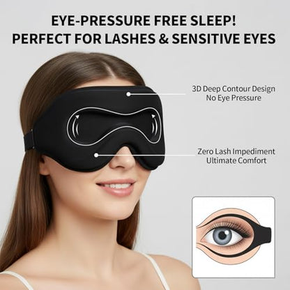 3D Contoured Sleep Mask with Reusable Hot Cold Gel Insert, Black Zero Pressure Memory Foam Light Blocking Eye Cover, Adjustable Strap Travel Nap Eye Mask for Adult Daily Rest