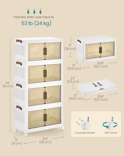 SONGMICS 48QT Plastic Storage Bins with 1 Lid, 4-Tier Stackable Bins with Doors and Wheels, Foldable Storage Boxes, for Closets, Bedroom, Living Room, Office, White URLB450WZ01