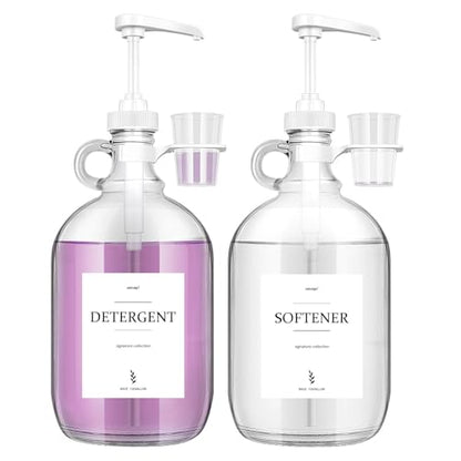 2 Pcs Glass Liquid Laundry Detergent Dispenser with Cup Holders, Half Gallon Dispenser for Laundry Room (64 oz. Each), Laundry Detergent Bottles with Pump Dispenser -Includes Labels, Measuring Cups