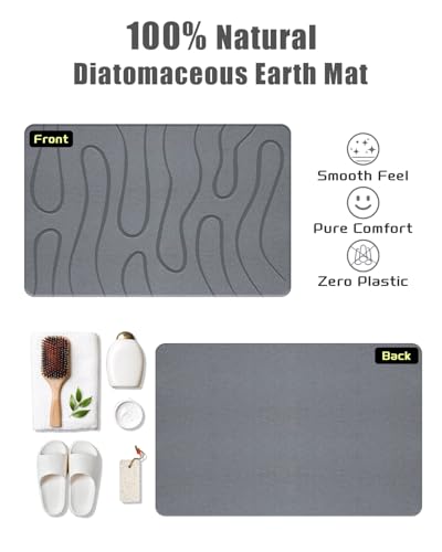 Stone Bath Mat, Diatomite Fast Drying Non Slip Stone Shower Mat, Super Absorbent for Bathroom & Kitchen, Multi-Use as Pet Mat, Easy to Clean 16"x24", Gray
