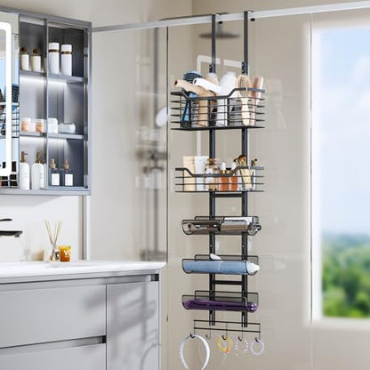 6-Tier Hair Tool Organizer - Hair Dryer Holder Over The Door/Wall Mounted DIY Adjustable Shelf Bathroom Door Organizer with Hook for Curling Iron/Blow Dryer/Straightener Black
