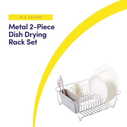 Dish Drying Rack & Cutlery Holder 2 Piece Set - Compact Sink-Fitting Dish Drainer with Rubberized Undercoating, Space-Saving Kitchen Organizer for Plates, Cups, Bowls & Utensils in Sink, Silver