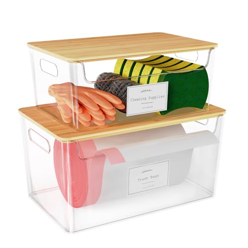 COAZEX 2 Pack Stackable Plastic Trash Bag Holder with Bamboo Lid Under Sink | Clear Container, Stackable Design,Side Handles, Safety Locks,Garbage Bag Roll Holder, Kitchen Cabinet, Laundry Organization