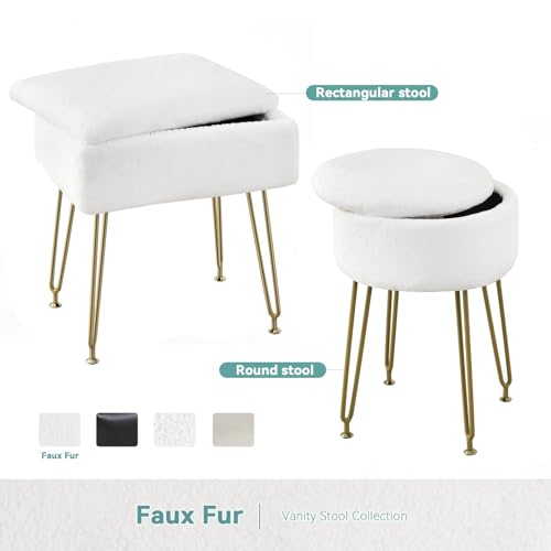 BRIAN & DANY Vanity Stool, Faux Fur Vanity Stool Chair with Storage, Rectangle Makeup Chair Soft Padded Seat with Legs for Bedroom (White)