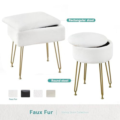 BRIAN & DANY Vanity Stool, Faux Fur Vanity Stool Chair with Storage, Rectangle Makeup Chair Soft Padded Seat with Legs for Bedroom (White)