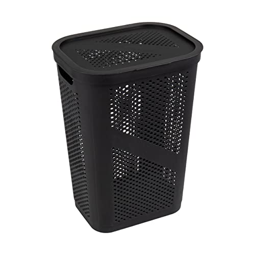 Mind Reader Slim Laundry Hamper with Lid, 60L Clothes Basket, Ventilated Plastic, Black