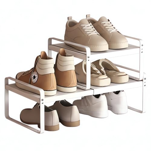2-Pack Expandable Shoe Rack, Closet Organizer, 7" High, 15"-24" | Set of 2 1-Tier Metal Shelves; Adjustable Width Design; Compact Heavy-Duty Storage for Entryway, Bedroom & Small Spaces