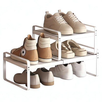 2-Pack Expandable Shoe Rack, Closet Organizer, 7" High, 15"-24" | Set of 2 1-Tier Metal Shelves; Adjustable Width Design; Compact Heavy-Duty Storage for Entryway, Bedroom & Small Spaces