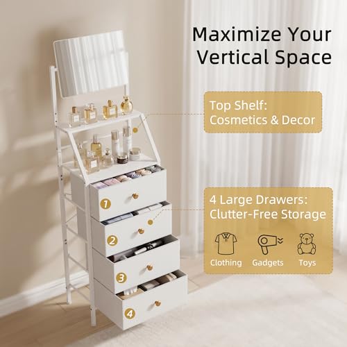 Vanity Dresser with Adjustable Mirror & 4 Drawers, White, 15.3" W | 3-Way Adjustable Mirror, 2-Tier Shelves, Steel Frame, 11-Inch Deep for Bedrooms, Dorms and Small Spaces