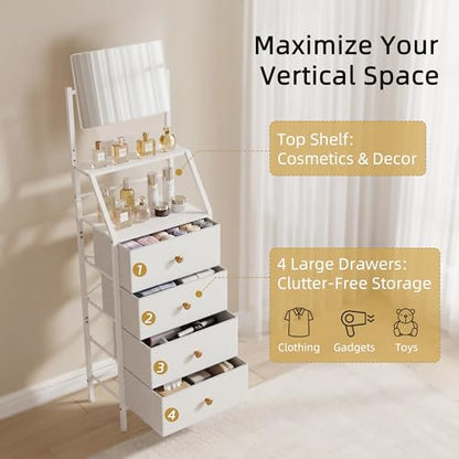 Vanity Dresser with Adjustable Mirror & 4 Drawers, White, 15.3" W | 3-Way Adjustable Mirror, 2-Tier Shelves, Steel Frame, 11-Inch Deep for Bedrooms, Dorms and Small Spaces