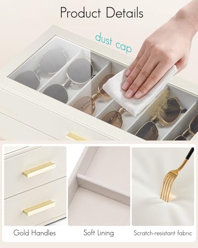 VLANDO 12-Slot Sunglasses Organizer Case with Clear Lid & 2 Drawers,Beige | PU Leather,Velvet Lining,Large Capacity Eyeglass Organizer for Vanity,Dresser,Closet,Bedroom,Gift for Eyewear Lovers