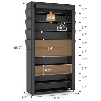 VTRIN Tall Shoe Rack with Cover, 10 Tier Shoe Organizer Storage for 50-55 Pairs Shoes and Boots Large Capacity Shoe Shelf with 8 Pockets Free Standing Shoe Rack for Closet, Entryway, Garage