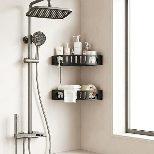 Adhesive Corner Shower Caddy with Hooks,No Drill Aluminum Shower Shelf 2PCS | Rustproof aluminum corner shower shelf with hooks,providing organized storage for shampoo,soap,razors and bathroom essentials