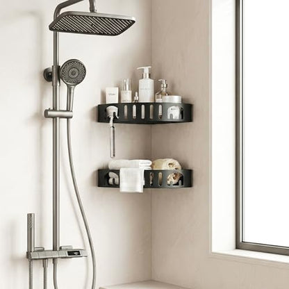 Adhesive Corner Shower Caddy with Hooks,No Drill Aluminum Shower Shelf 2PCS | Rustproof aluminum corner shower shelf with hooks,providing organized storage for shampoo,soap,razors and bathroom essentials