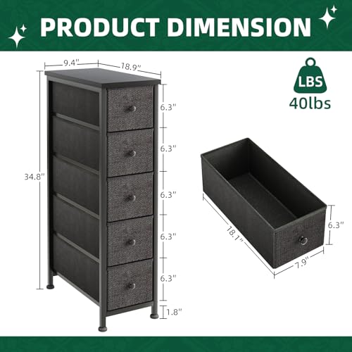 Narrow Dresser, 19" Wide Narrow Nightstand Dresser Storage Tower with 5 Drawers, Slim Fabric Dressers Chest of Drawers for Small Spaces, Wood Top & Fabric Bins for Bedroom Bathroom Closet (Black)