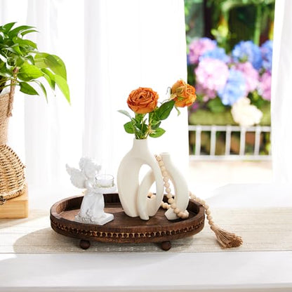 HouseJoy Wooden Decorative Tray for Table: 16×11.8in Wood Beaded Tray | Decor Tray for Coffee Table/Home/Living Room/Bathroom - Serving Tray for Kitchen Dining