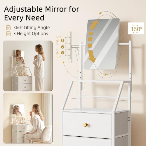 Vanity Dresser with Adjustable Mirror & 4 Drawers, White, 15.3" W | 3-Way Adjustable Mirror, 2-Tier Shelves, Steel Frame, 11-Inch Deep for Bedrooms, Dorms and Small Spaces