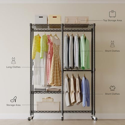 Higeego H9 Garment Rack with Cover, Heavy Duty Clothing Rack for Hanging Clothes, Portable Closet with wheels, Wardrobe Closet with Adjustable Shelves, Black Rack Shelf with Black Fabric Cover