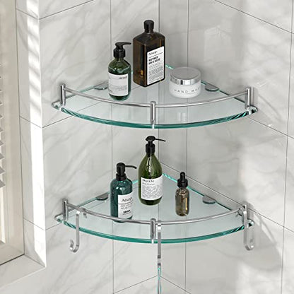 Glass Shower Shelves, Glass Bathroom Corner Shelf Wall Mounted Shelf Shampoo Holder Organizer Extra 8MM Thick Corner Shelves for Inside Shower with 3 Hooks