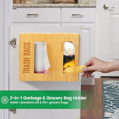 Dual Roll Bamboo Trash Bag Dispenser and Holder, Wall Mount | Fits standard 13-33 gallon rolls up to 5.2 in diameter. Measure bulk rolls before ordering