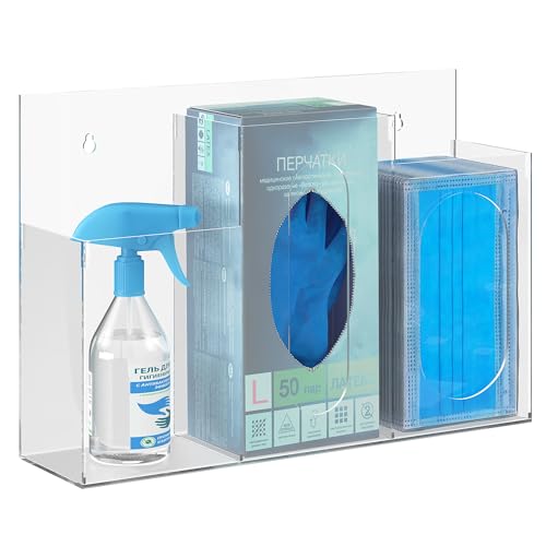 WAHFAY Acrylic Hygiene Dispenser Sanitation Station with Three Compartment, Gloves Masks Hairnets Box Holder, Wall Mount or Tabletop Clear Storage Containers