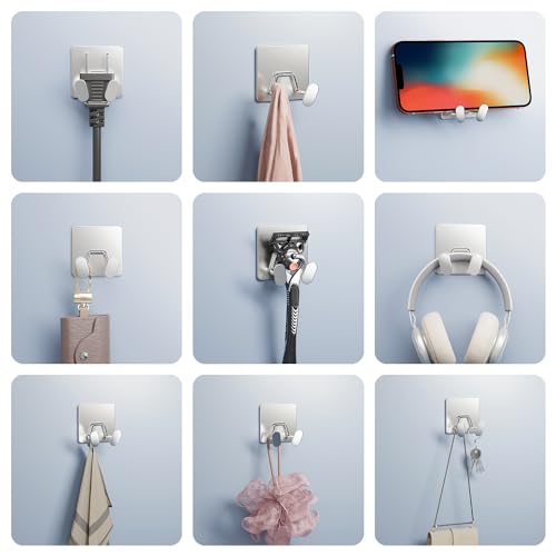 Adhesive Shower Hooks for Inside - Extra Sticky Razor Holder, Silver 4 Pack