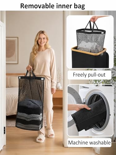 IEGrow Laundry Hamper with Lid, 110L Laundry Basket with Bag,Black | Dirty Clothes Hamper Basket with Bamboo Handle for Clothes Towels Organization
