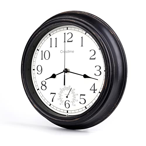 16 Inch Large Outdoor Clock Waterproof with Thermometer Retro Wall Clocks for Patio Pool Garden Home,Bronze